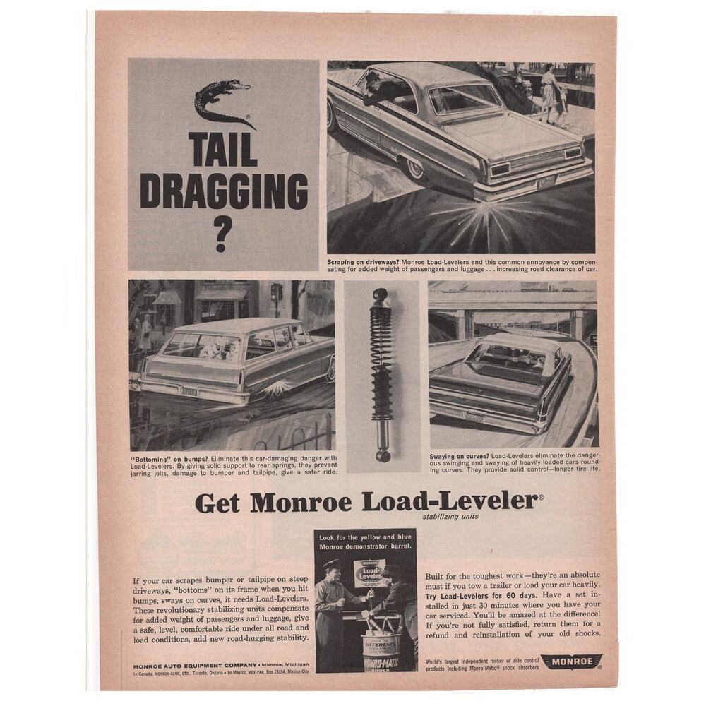 Monroe Load Leveler Magazine Advertisement Vintage 1960s Automobile Car Parts